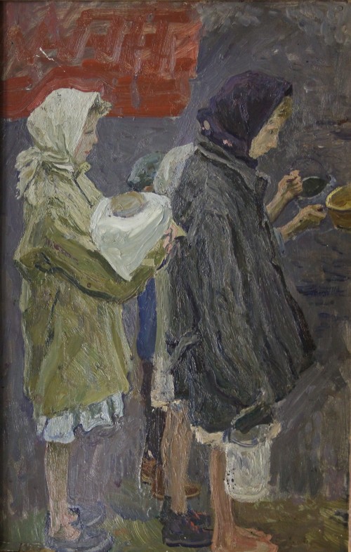 Ткачев Сергей Петрович (г.р. 1922). Очередь за хлебом. Этюд к картине Хлеб. 1976 г.дерево,масло